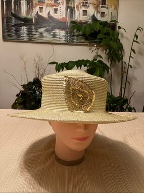 Beige Gold Mixed Straw Hat with Gold Sequin Beaded Teardrop Accent